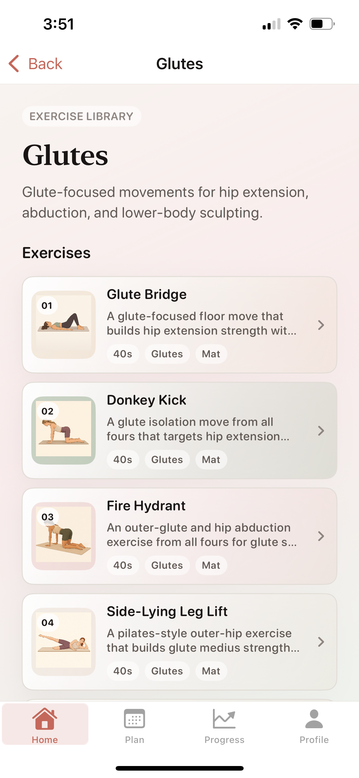 Contour exercise library screen showing glute-focused exercises.
